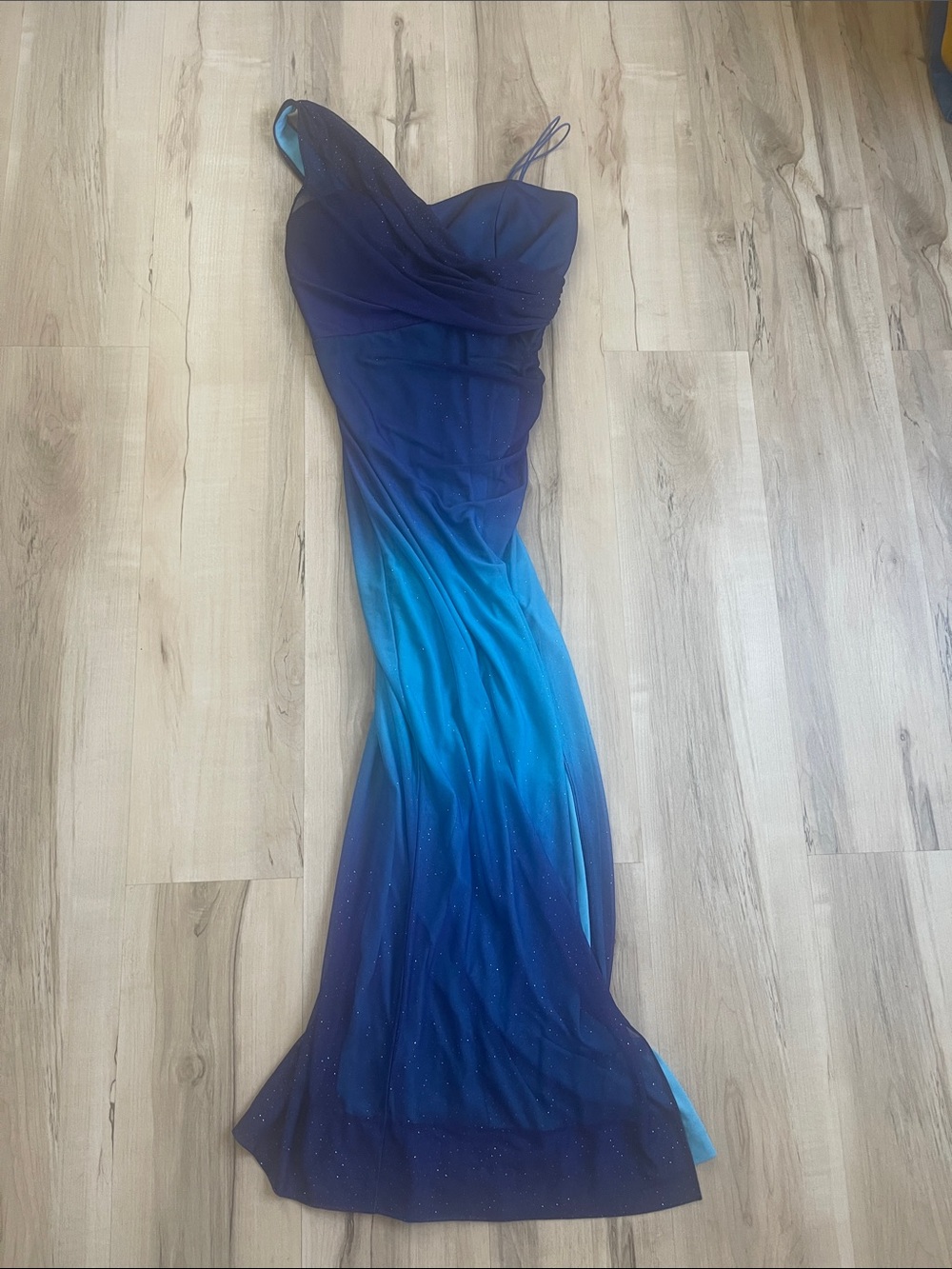 Onyx Navy to Teal Ombre One-Shoulder Evening Gown